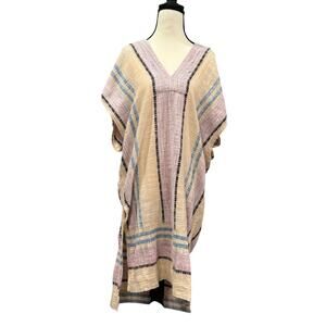 Free People Cotton Striped Kaftan Tunic Dress V-Neck Side Slits Oversized L Boho